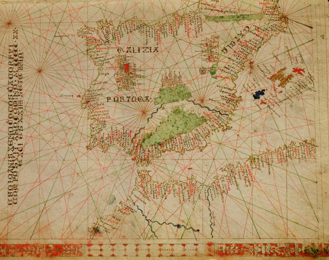 伊比利亚半岛和非洲北部海岸，从航海地图集，1520（牛皮纸上的墨水）（细节从330910） 作者 乔瓦尼·希诺多克斯·达·科孚