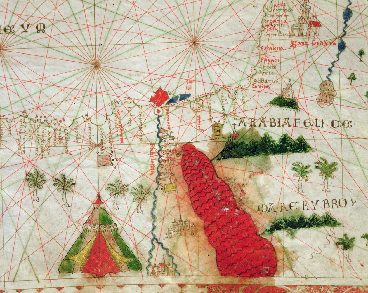 红海，来自航海地图集，1520（牛皮纸上的墨水）（详情来自330913） 作者 乔瓦尼·希诺多克斯·达·科孚