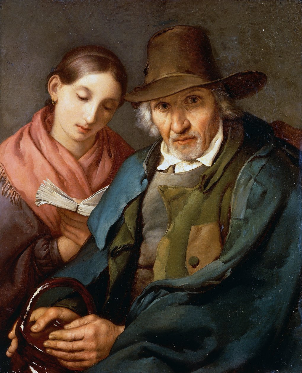 吉奥瓦尼-卡尔诺瓦利（Giovanni Carnovali）（1804-1873）的作品，老人和一个年轻的平民坐在一起看书，布面油画，72x59厘米 作者 乔瓦尼·卡诺瓦利