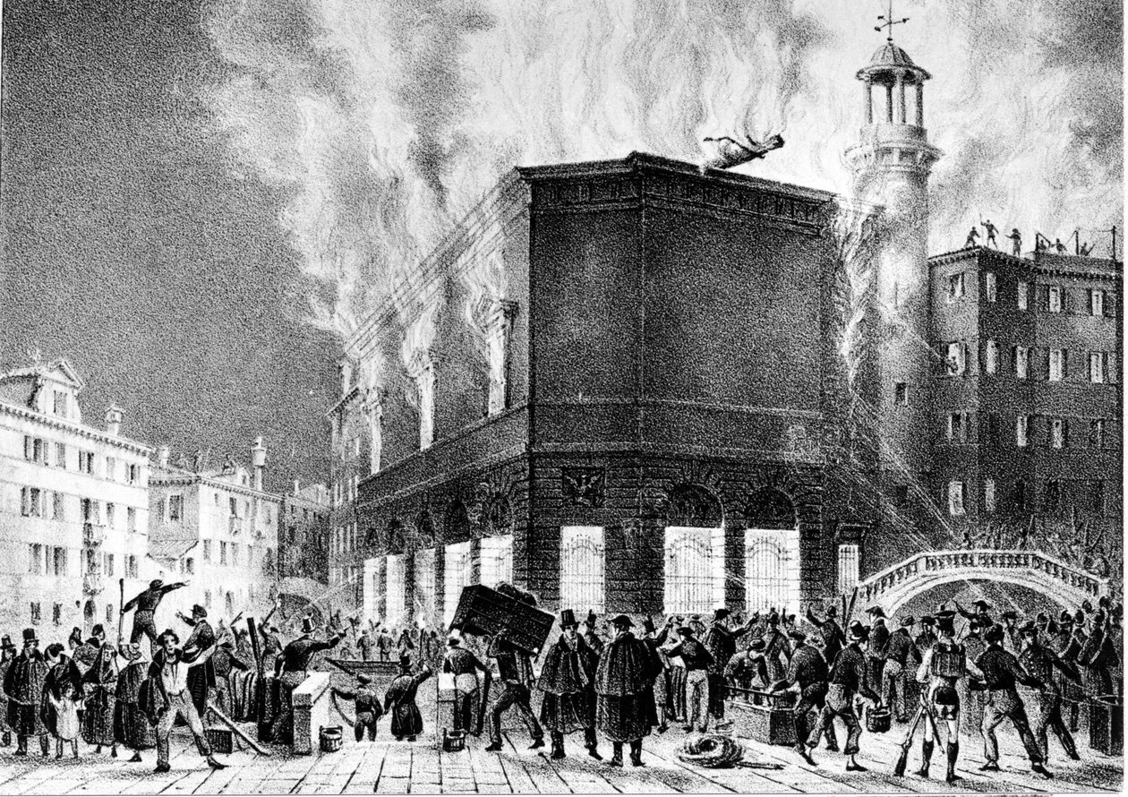 1836 年威尼斯凤凰剧院的火灾。乔瓦尼·皮维多 (Giovanni Pividor) 雕刻。 米兰，G. Verdi 音乐学院。 作者 乔凡尼（之后）Pividor