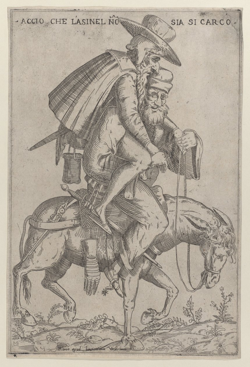有两个人骑着骡子的漫画，1575-99年。 作者 乔瓦尼·安布罗焦·布兰比利亚