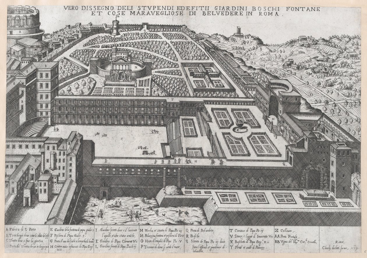 Speculum Romanae Magnificentiae:Belvedere及其花园的鸟瞰图，1579年，1579年。 作者 乔瓦尼·安布罗焦·布兰比利亚。
