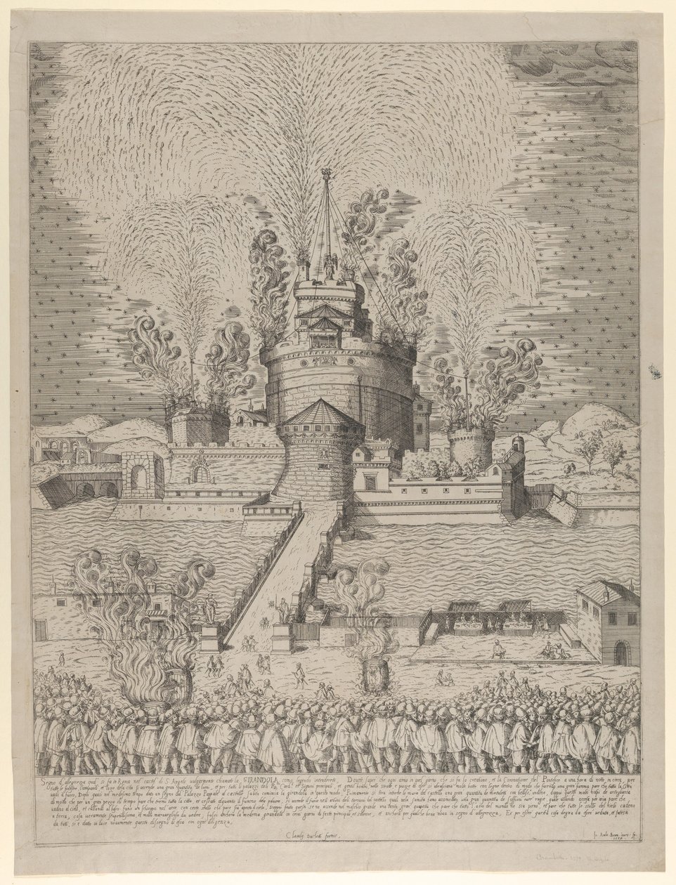 1579年，在罗马圣安杰洛城堡举行的名为 "Girandola "的烟花表演，是一个夜间的S...。 作者 乔瓦尼·安布罗焦·布兰比利亚
