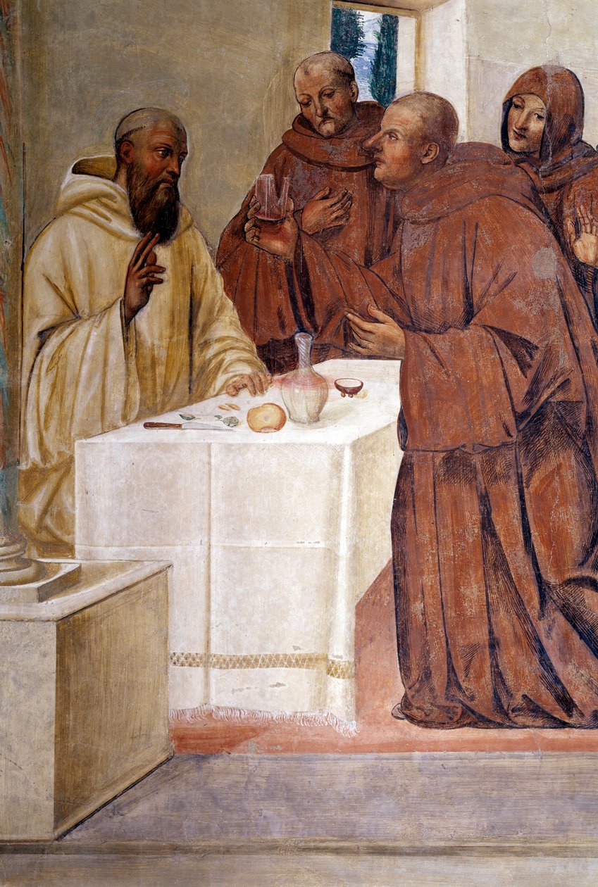 本尼迪克特通过制作十字架的标志打破了一杯毒酒 Giovan Antonio Bazzi di Sodoma（1477-1549）制作的cloitre的详细壁画，讲述了本笃会的创始人圣本笃会圣本笃（480-567）的生平 1505-15 作者 乔凡尼·安东尼奥·巴齐·索多玛