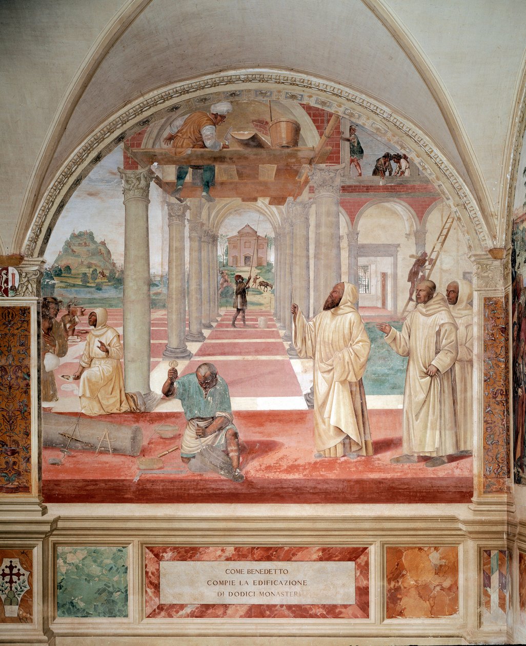 本尼迪克特建造了十二座修道院的壁画，由 Antonio Bazzi dit il Sodoma (1477 - 1549) 制作，讲述了圣本笃会 (480 - 567) 创始人本笃会勋章的创始人 1503 - 1508 年 Monte Oliveto Maggiore 修道院的生平 作者 乔凡尼·安东尼奥·巴齐·索多玛