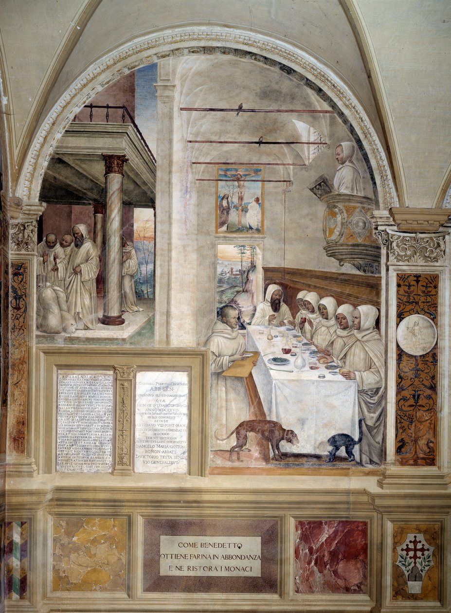 本尼迪克特获得了大量面粉，并喂养了安东尼奥·巴齐 (Antonio Bazzi dit il Sodoma)（1477 - 1549 年）制作的修道院壁画，讲述了本笃会的创始人本笃会修士 (Order of Benedictine) 创始人 (480 - 567 年) 1503 年 - 1508 年蒙特修道院 (Abbey of Monte) 的生平 奥利维托 作者 乔凡尼·安东尼奥·巴齐·索多玛