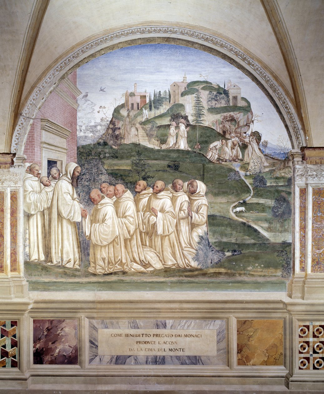 本尼迪克特在由 Antonio Bazzi dit il Sodoma (1477 - 1549) 制作的修道院的山顶壁画上引发了一个消息来源，讲述了本笃会修士圣本笃会 (480 - 567) 创始人 1503 - 1508 年修道院的生平 蒙特奥利维托 作者 乔凡尼·安东尼奥·巴齐·索多玛