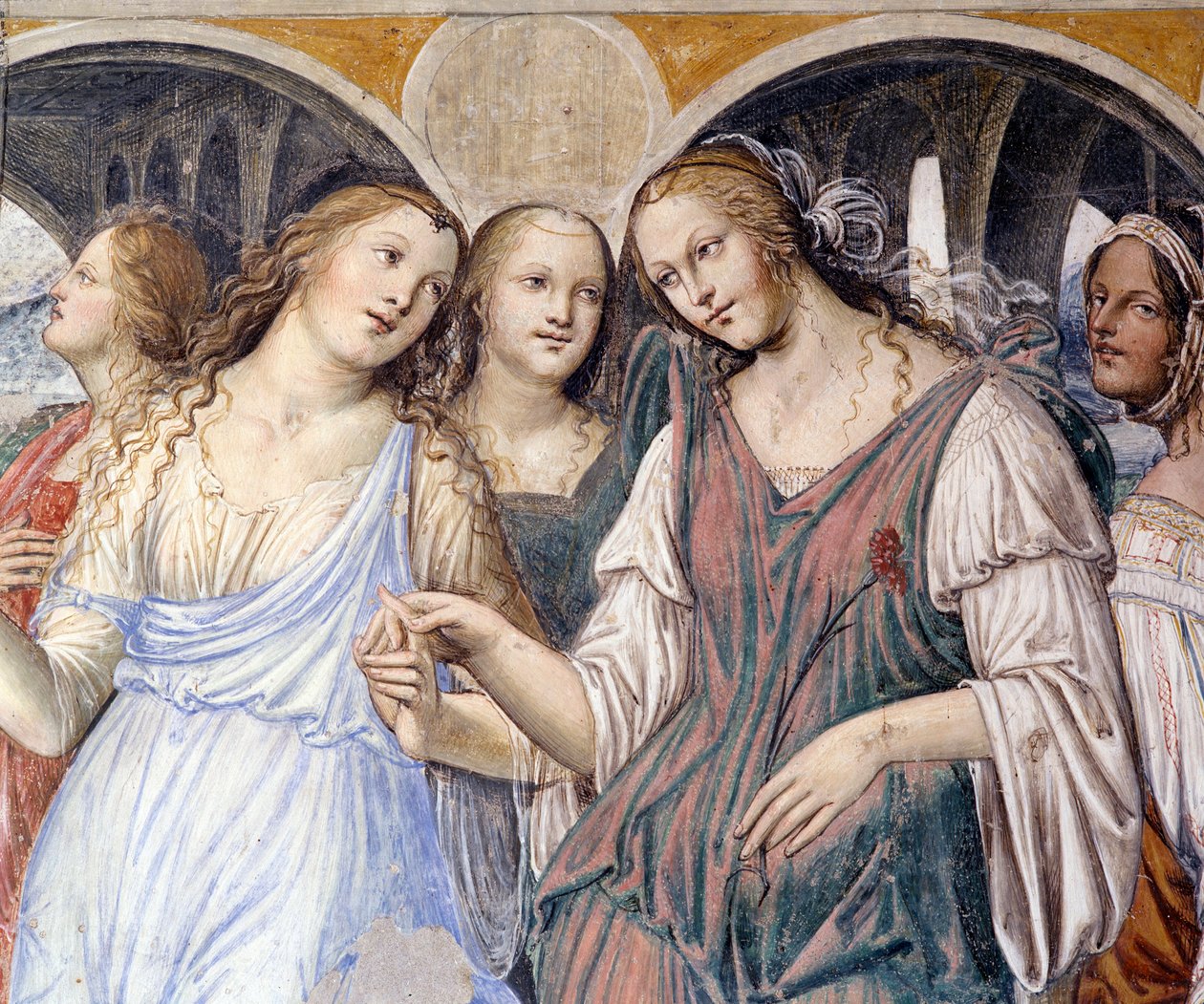 Florent sent prostitutes to the monastery (Florenzo sends courtesans to the monastery of st Benedict) Detail fresco of the cloitre realised by Antonio Bazzi dit il Sodoma (1477 - 1549) recounting the life of Saint Benedict (480 - 567) founder of the Order  作者 乔凡尼·安东尼奥·巴齐·索多玛