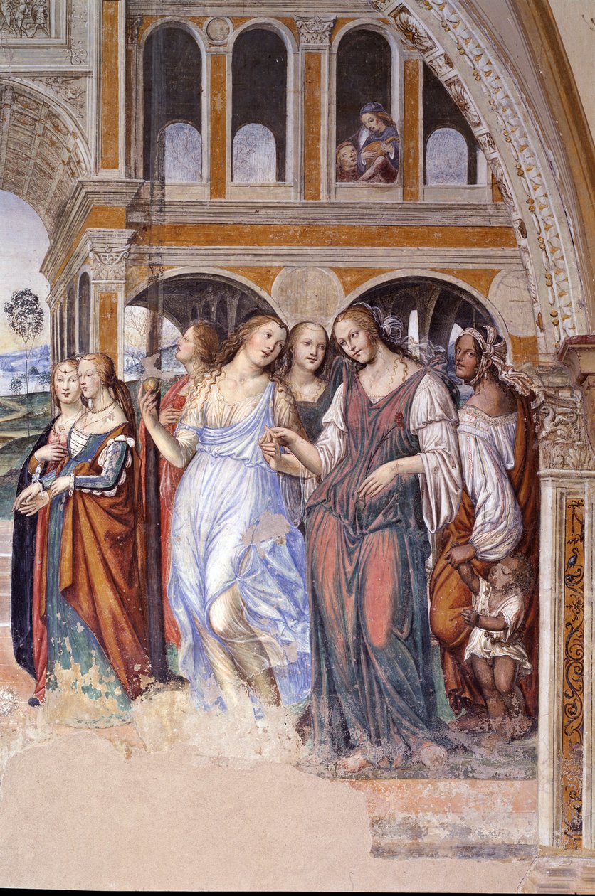 Florent sent prostitutes to the monastery (Florenzo sends courtesans to the monastery of st Benedict) Detail fresco of the cloitre realised by Antonio Bazzi dit il Sodoma (1477 - 1549) recounting the life of Saint Benedict (480 - 567) founder of the Order  作者 乔凡尼·安东尼奥·巴齐·索多玛