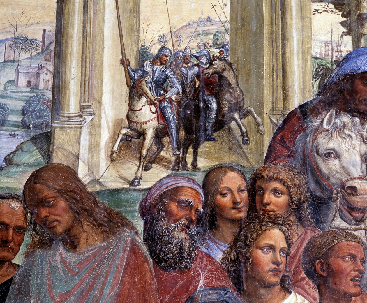 How Benedict meets the young Romans Maur and Placid (St Benedict meets the young novels Maurus and Placid) Detail of the escort of young men leaving Rome - Fresco of the cloitre made by Antonio Bazzi dit il Sodoma (1477 - 1549) recounting the life of Saint 作者 乔凡尼·安东尼奥·巴齐·索多玛