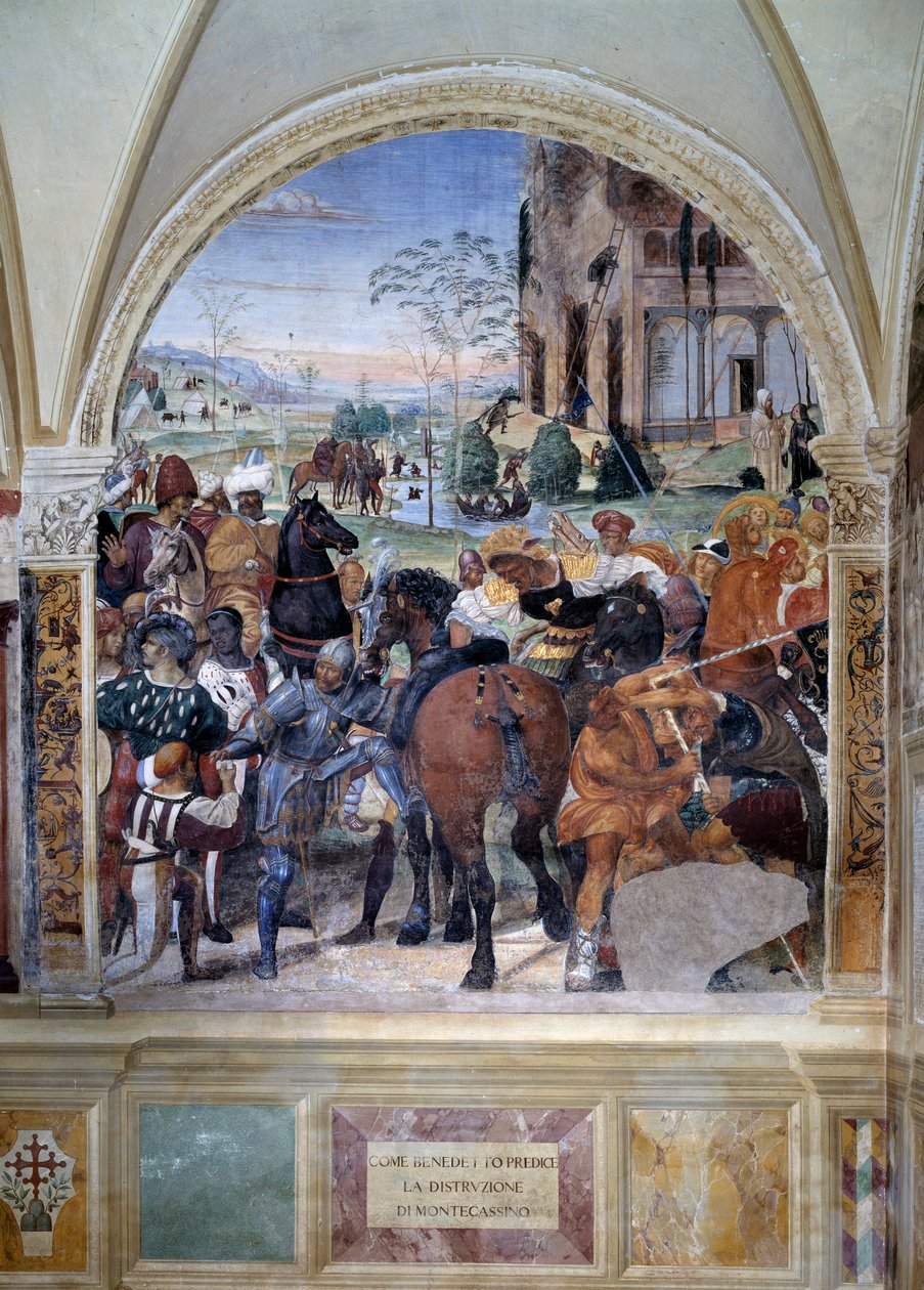 How Benedict predicts the destruction of Monte Cassino (St Benedict predicts the destruction of Monte Cassino) Detail - fresco of the cloister made by Antonio Bazzi dit il Sodoma (1477 - 1549) recounting the life of Saint Benedict of Nursie (480 - 567) fou 作者 乔凡尼·安东尼奥·巴齐·索多玛
