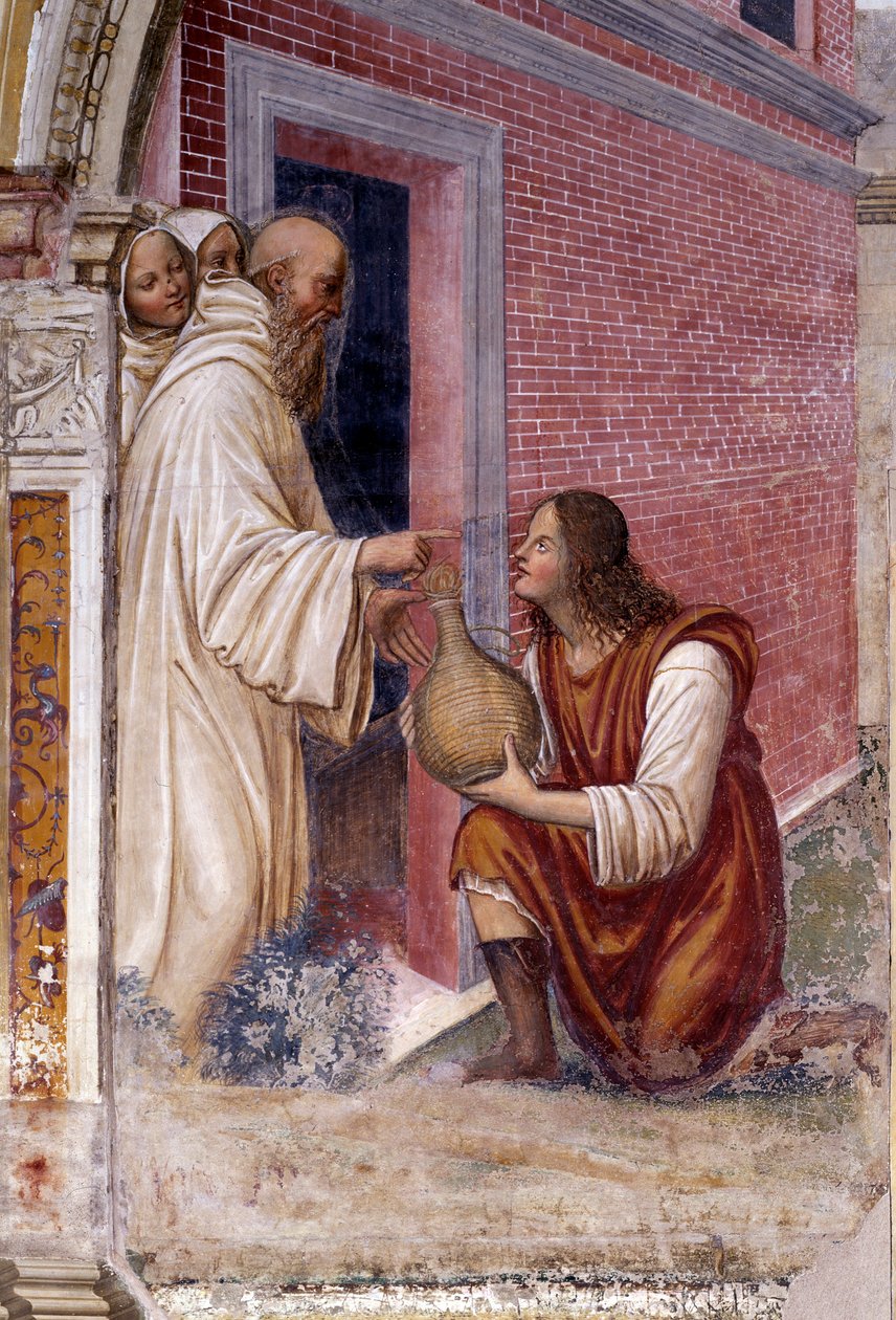 本尼迪克特如何变成一条蛇 仆人藏在他面前的一瓶酒 细节 - Antonio Bazzi dit il Sodoma (1477 - 1549) 创作的 cloitre 壁画，讲述了该组织创始人的圣本笃 (480 - 567) 的生平 本笃会 1503 - 1 作者 乔凡尼·安东尼奥·巴齐·索多玛