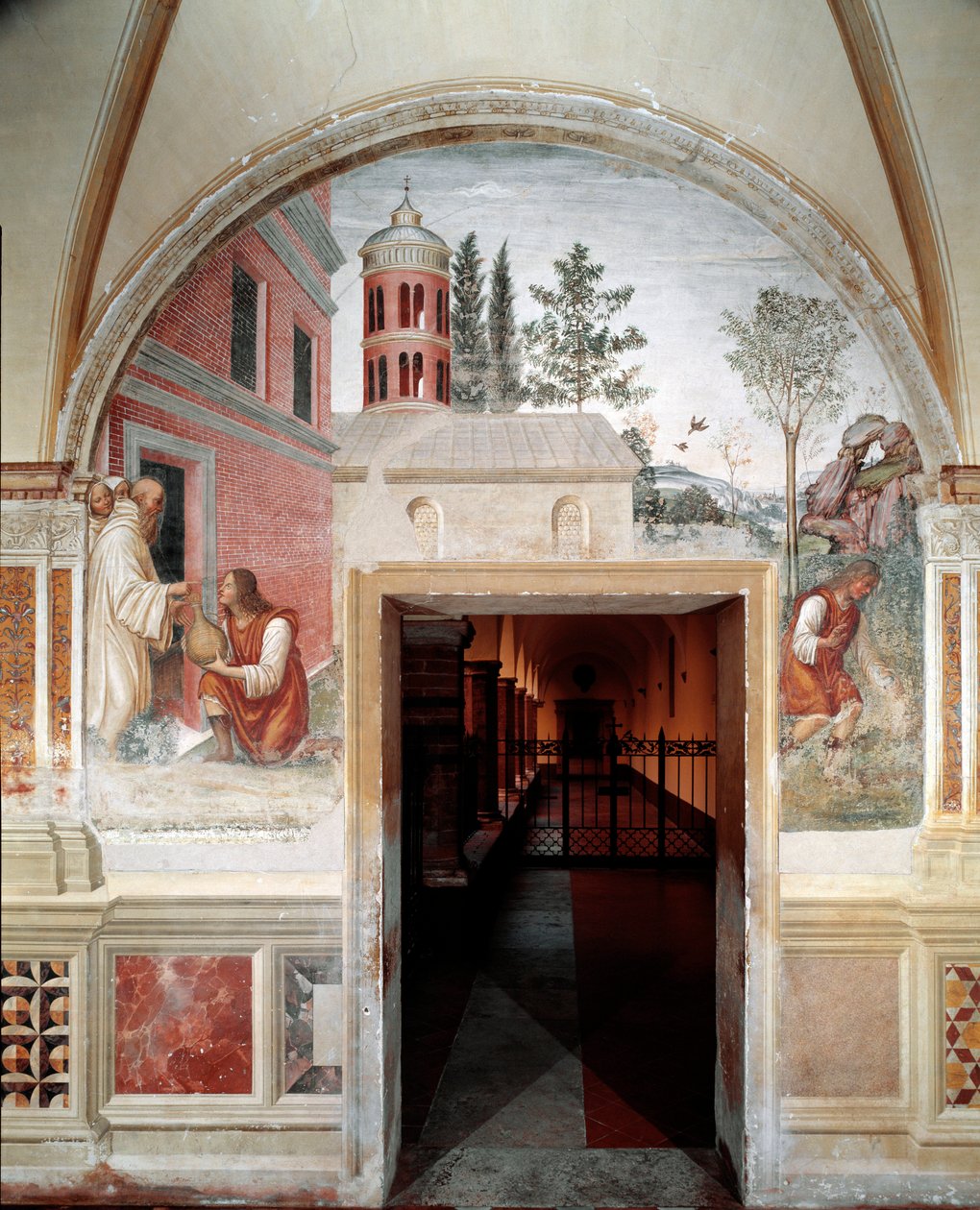 本尼迪克特如何变成仆人藏在他身边的酒蛇细节 - Antonio Bazzi dit il Sodoma（1477 - 1549）制作的cloitre壁画，讲述了本笃会的创始人圣本笃（480 - 567）的生平 1503 - 1508 修道院 作者 乔凡尼·安东尼奥·巴齐·索多玛