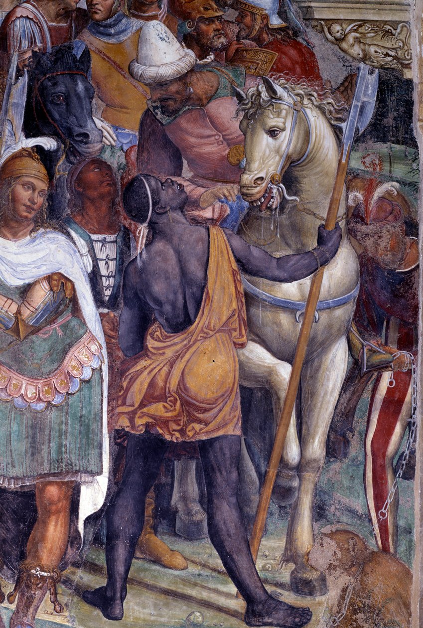 How Benoit meets the two young Romans Maur and Placide (st Benedict meets the young novels Maurus and Placid) Detail of the escort of young men - Fresco of the cloitre made by Antonio Bazzi dit il Sodoma (1477 - 1549) recounting the life of Saint Benedict  作者 乔凡尼·安东尼奥·巴齐·索多玛