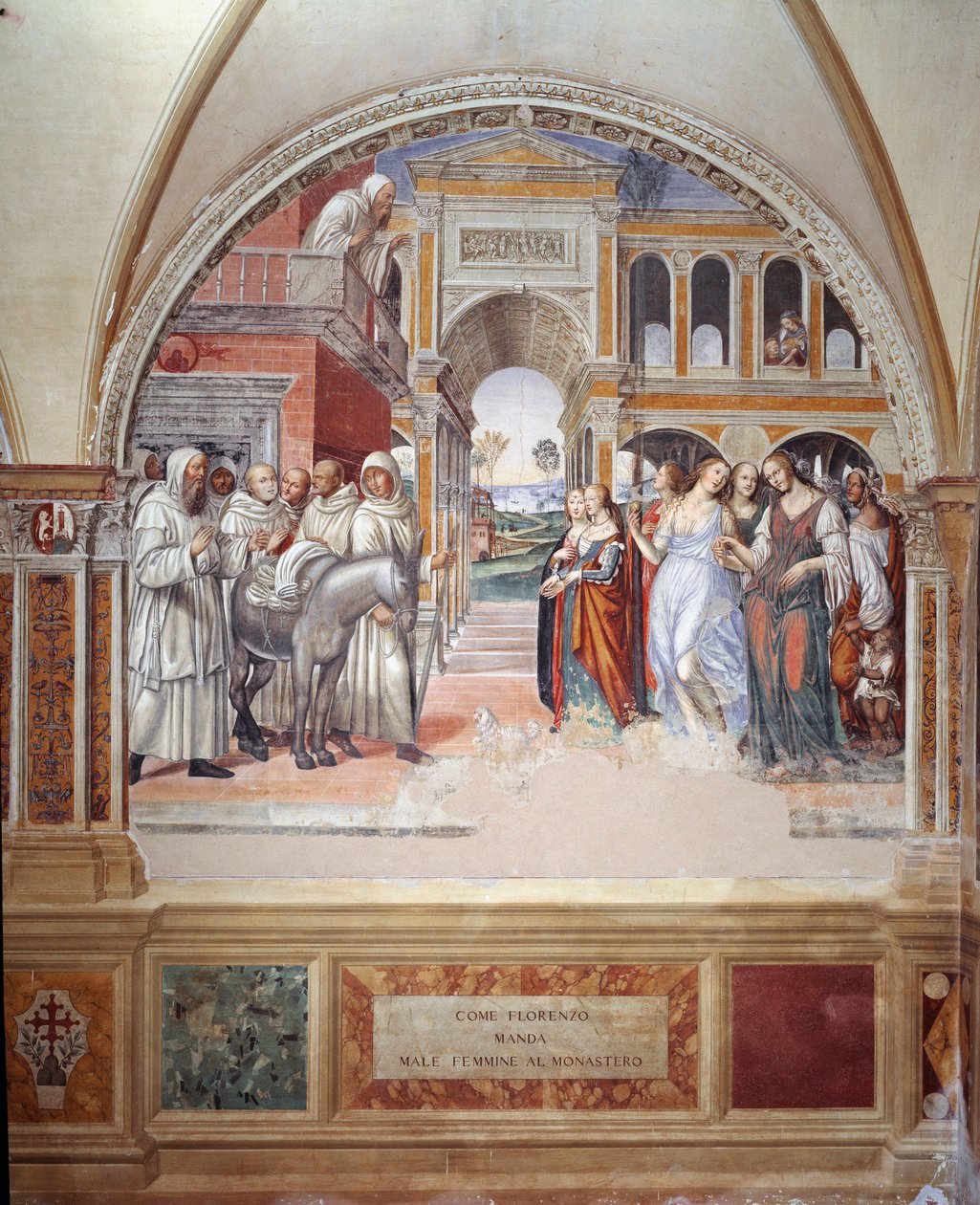 菲奥伦佐如何在修道院送妓女 (How Fiorenzo sends prostitutes at the monastery) - 安东尼-巴兹-迪特-索多马（Antonio Bazzi dit il Sodoma，1477 - 1549）绘制的回廊壁画，讲述了圣本笃-努尔西亚（480 - 567）骑士团的创始人的生活。 作者 乔凡尼·安东尼奥·巴齐·索多玛