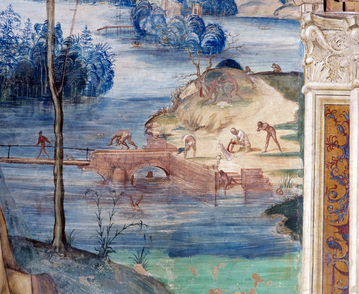 圣莫尔如何在水上行走以拯救普拉西德(Maurus walks on the water to rescue Placid) - 详细 安东尼-巴兹-迪特-索多马(Antonio Bazzi dit il Sodoma)制作的回廊壁画(1477-1549)讲述了圣本笃-努尔西(480-567)骑士团创始人的一生 作者 乔凡尼·安东尼奥·巴齐·索多玛