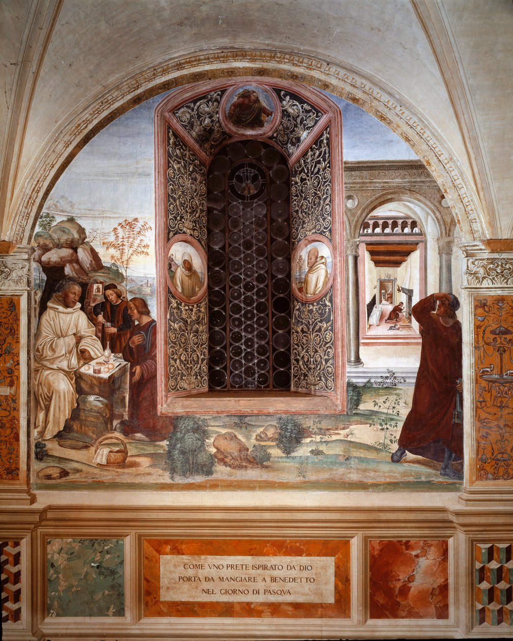 一位牧师如何在复活节将食物带到本笃会 - Antonio Bazzi dit il Sodoma（1477 - 1549）制作的回廊壁画，讲述了本笃会的创始人圣本笃会（480 - 567）的生平，1503 - 1508 年 蒙特奥利维托马 作者 乔凡尼·安东尼奥·巴齐·索多玛
