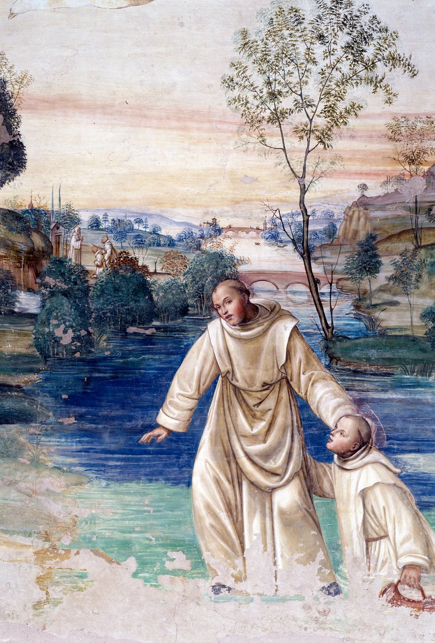 莫尔在水上行走，以营救安东尼奥·巴齐 (Antonio Bazzi dit il Sodoma)（1477 - 1549 年）的圣普莱西德细节回廊壁画，讲述了 1503 年 - 1508 年本笃会教团创始人圣本笃会的生活 作者 乔凡尼·安东尼奥·巴齐·索多玛