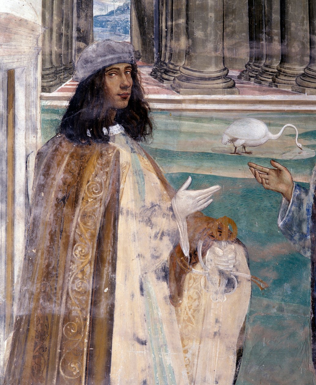 圣本笃修好一个破碎的筛子 艺术家的自画像 - 由 Antonio Bazzi dit il Sodoma (1477 - 1549) 实现的 cloitre 的细节壁画，讲述了圣本笃 (480 - 567) 的生平 1503 年本笃会的创始人 - 1508 作者 乔凡尼·安东尼奥·巴齐·索多玛