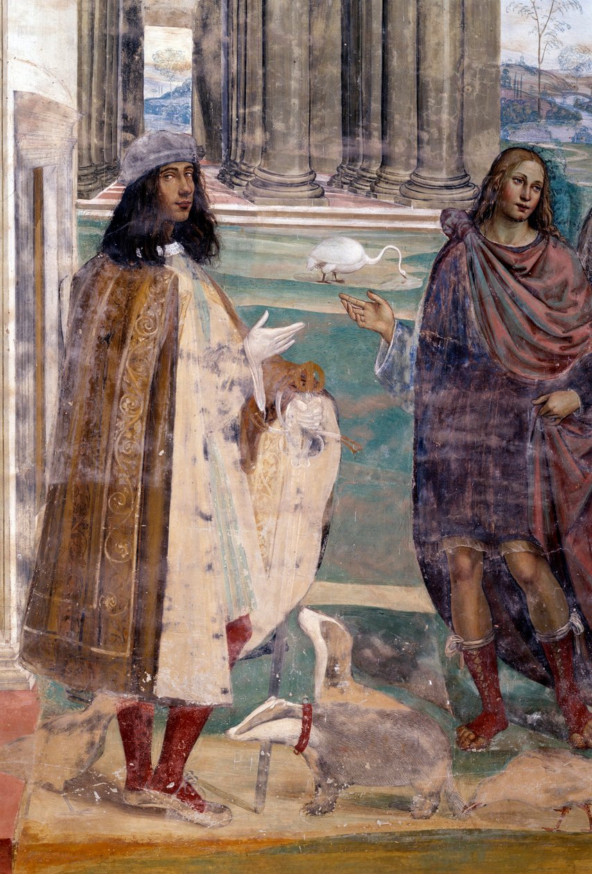 圣本笃修好一个破碎的筛子 艺术家的自画像 - 由 Antonio Bazzi dit il Sodoma (1477 - 1549) 实现的 cloitre 的细节壁画，讲述了圣本笃 (480 - 567) 的生平 1503 年本笃会的创始人 - 1508 作者 乔凡尼·安东尼奥·巴齐·索多玛