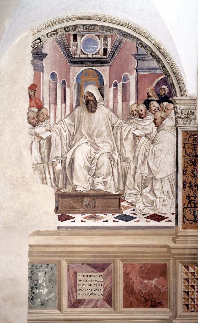 Saint Benedict gives the rule to the monks (本尼迪克特为僧侣们制定规则) 安东尼-巴兹（Antonio Bazzi dit il Sodoma，1477 - 1549）制作的回廊壁画，讲述了努尔西的圣本尼迪克特（480 - 567）本尼迪克特教团创始人的一生 1503年 作者 乔凡尼·安东尼奥·巴齐·索多玛