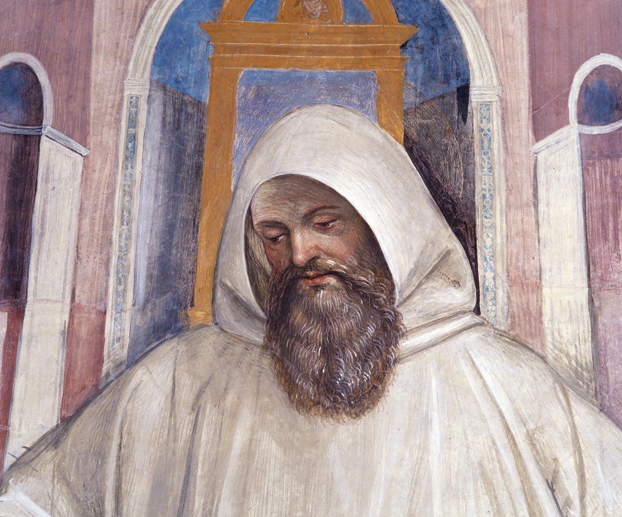圣本尼迪克特将规则交给 Olivetani 修士 安东尼奥·巴齐 (Antonio Bazzi dit il Sodoma) (1477 - 1549) 制作的 cloitre 详细壁画，讲述了本笃会修士 (Order of Benedictine) 创始人 (1503 年 - 1508 年修道院) 圣本笃 (480 - 567) 的生平 蒙特奥 作者 乔凡尼·安东尼奥·巴齐·索多玛