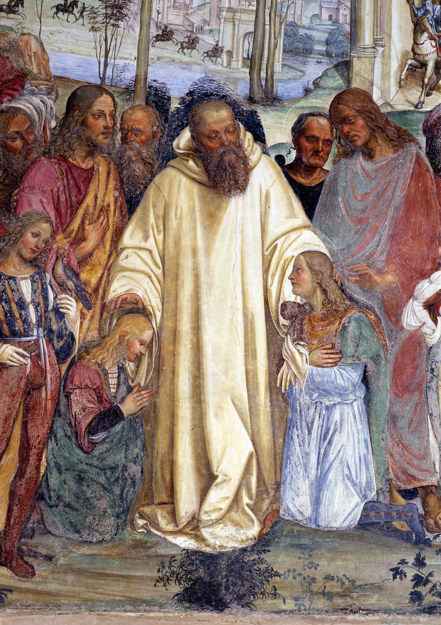 Saint Benedict receives two young Romans, Maur and Placide (圣本尼迪克特会见两位年轻的小说家，莫鲁斯和普拉西德) Antonio Bazzi dit il Sodoma (1477 - 1549) 制作的斗篷壁画细节，讲述了努尔西的圣本尼迪克特（480 - 567）的生活。 作者 乔凡尼·安东尼奥·巴齐·索多玛
