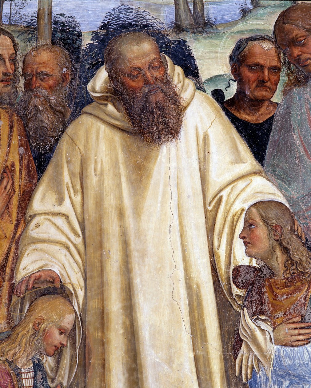 Saint Benedict receives two young Romans, Maur and Placide (圣本尼迪克特会见两位年轻的小说家，莫鲁斯和普拉西德) Antonio Bazzi dit il Sodoma (1477 - 1549) 制作的斗篷壁画细节，讲述了努尔西的圣本尼迪克特（480 - 567）的生活。 作者 乔凡尼·安东尼奥·巴齐·索多玛