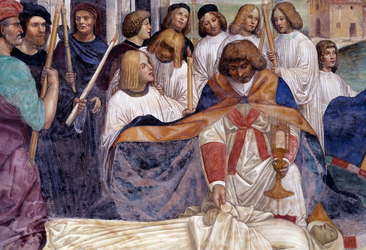 St Benedict carries the body of Christ on the body of the monk that the earth refuses to bury Detail fresco of the cloitre realised by Antonio Bazzi dit il Sodoma (1477 - 1549) recounting the life of Saint Benedict of Nursie (480 - 567) founder of the Orde 作者 乔凡尼·安东尼奥·巴齐·索多玛