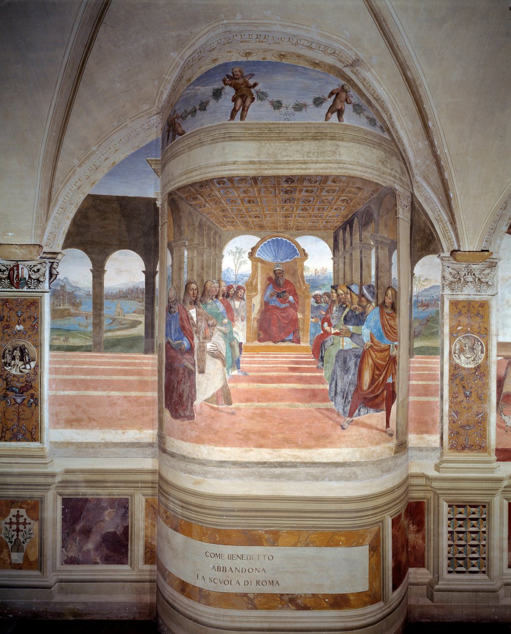 圣本笃离开罗马学校的修道院壁画，由 Antonio Bazzi dit il Sodoma (1477 - 1549) 讲述了圣本笃 (480 - 567) 创始人本笃会勋章 1503 - 1508 年修道院的生平 , 作者 乔凡尼·安东尼奥·巴齐·索多玛