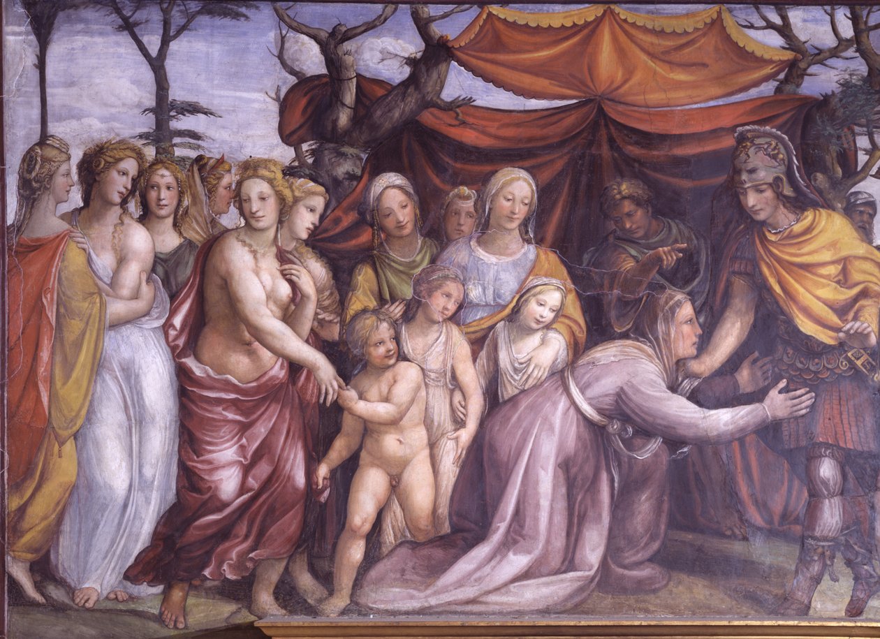Sala delle Nozze di Alessandro e Rossana亚历山大大帝婚姻公元前356-323和亚历山大的Roxanne细节与Darius III家族，1513年壁画 作者 乔凡尼·安东尼奥·巴齐·索多玛