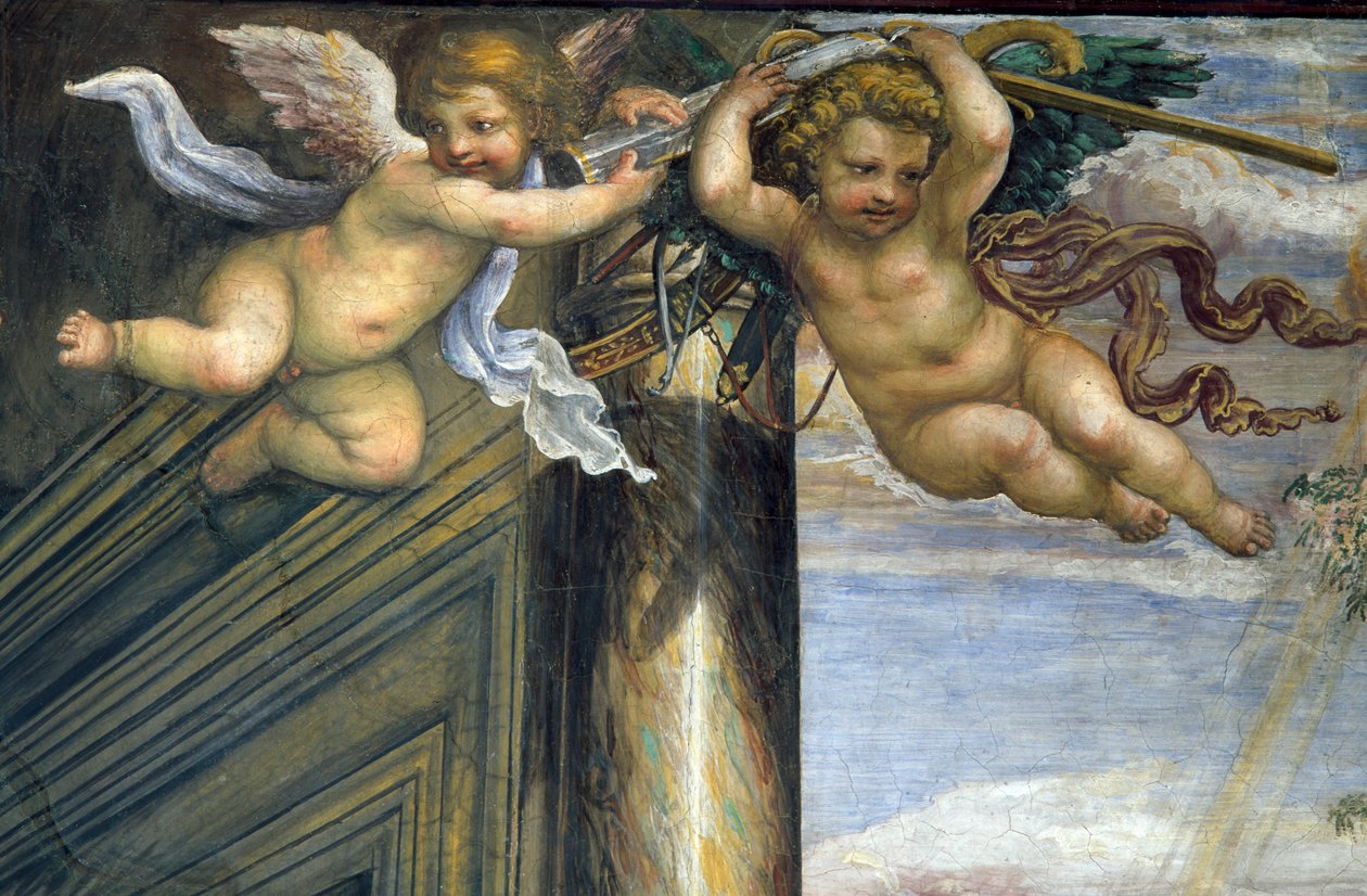 Sala delle Nozze di Alessandro e Rossana亚历山大大帝婚姻公园356-323和Roxanne详细的两个飞行的putti，c.1513壁画细节107224 作者 乔凡尼·安东尼奥·巴齐·索多玛