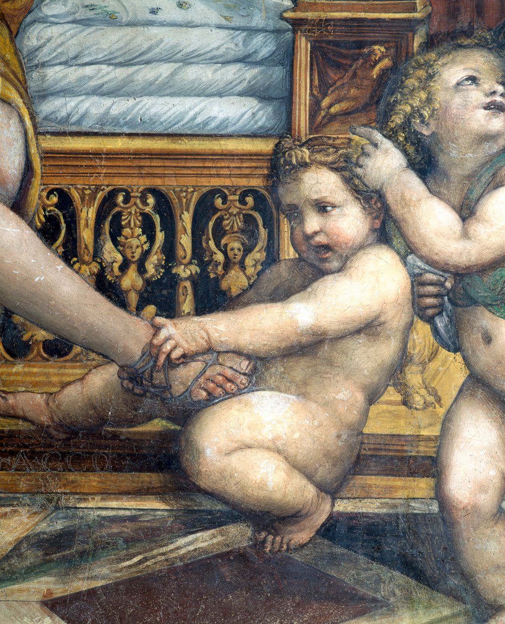 Sala delle Nozze di Alessandro e Rossana亚历山大大帝婚姻公园356-323和Roxanne详细的putto拉Roxannes脚，c.1513壁画细节107228 作者 乔凡尼·安东尼奥·巴齐·索多玛