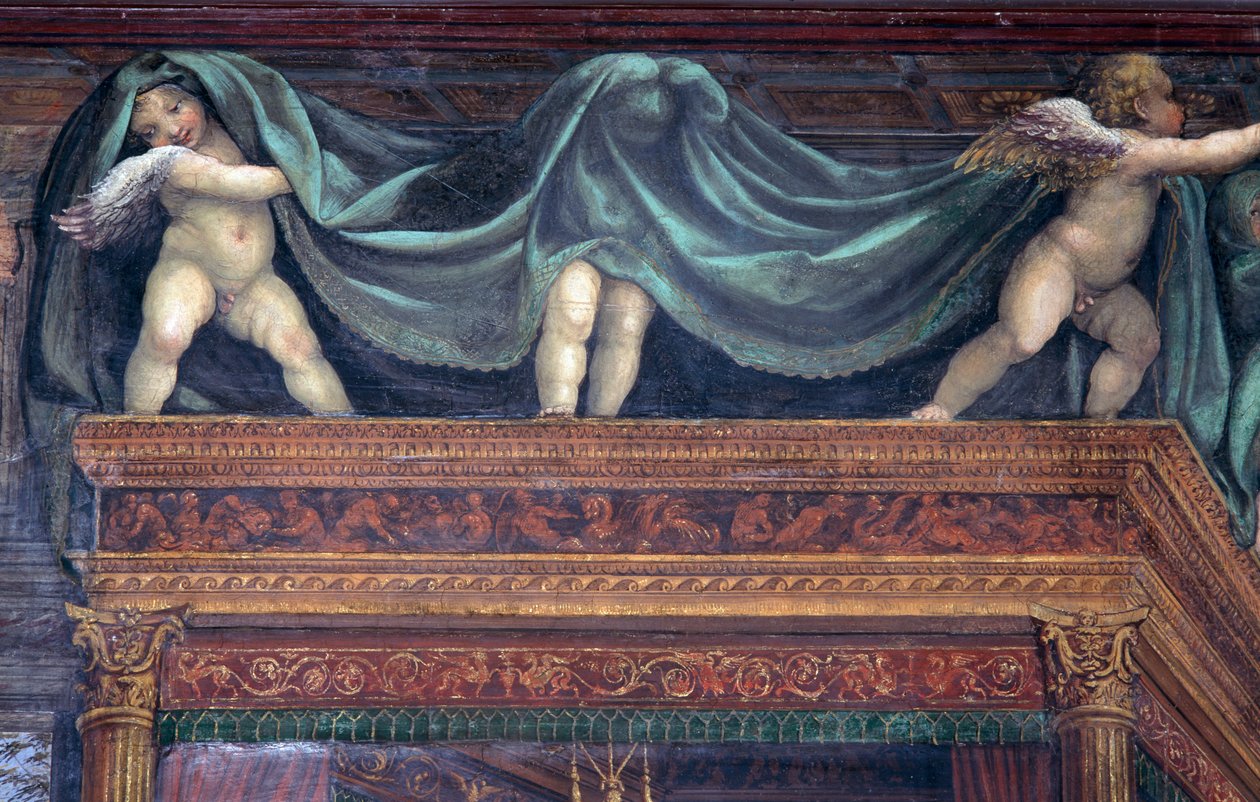 Sala delle Nozze di Alessandro e Rossana亚历山大大帝婚姻大厅356-323 BC和Roxanne详细的putti在床篷下玩耍，c.1513壁画细节107228 作者 乔凡尼·安东尼奥·巴齐·索多玛