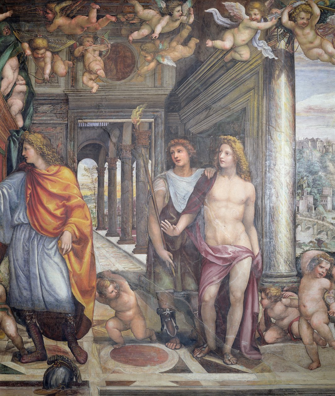 公元前356-323年亚历山大大帝婚礼的Sala delle Nozze di Alessandro e Rossana大厅和亚历山大的Roxanne细节以及上面有putti的两名男性服务员，c.1513壁画细节10 作者 乔凡尼·安东尼奥·巴齐·索多玛