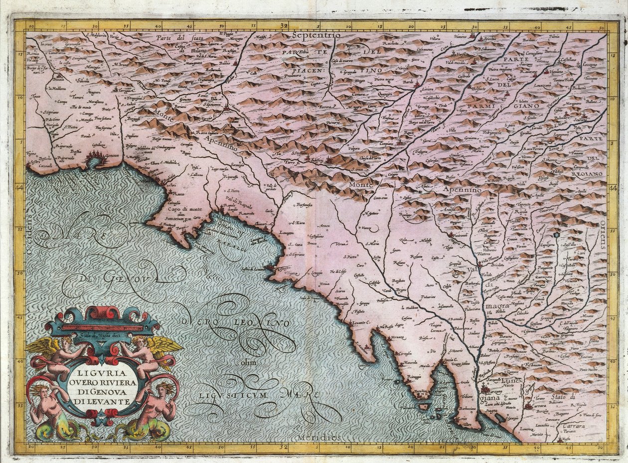 东利古里亚地区地图，作者：Giovanni Antonio Magini，博洛尼亚，铜雕刻 作者 乔凡尼·安东尼奥·马格尼