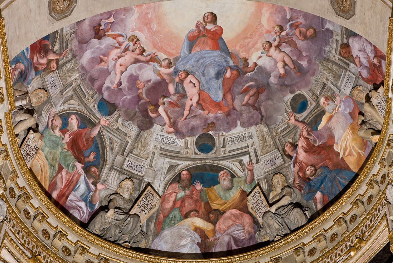 热那亚，圣劳伦斯大教堂（Duomo），内部，莱尔卡里小教堂或圣体小教堂（北侧天顶），天顶："圣母升天"，乔瓦尼-巴蒂斯塔-卡斯特罗（Giovanni Battista Castello）的壁画，又名贝加马斯科（Bergamasco 作者 乔瓦尼·巴蒂斯塔·卡斯特罗