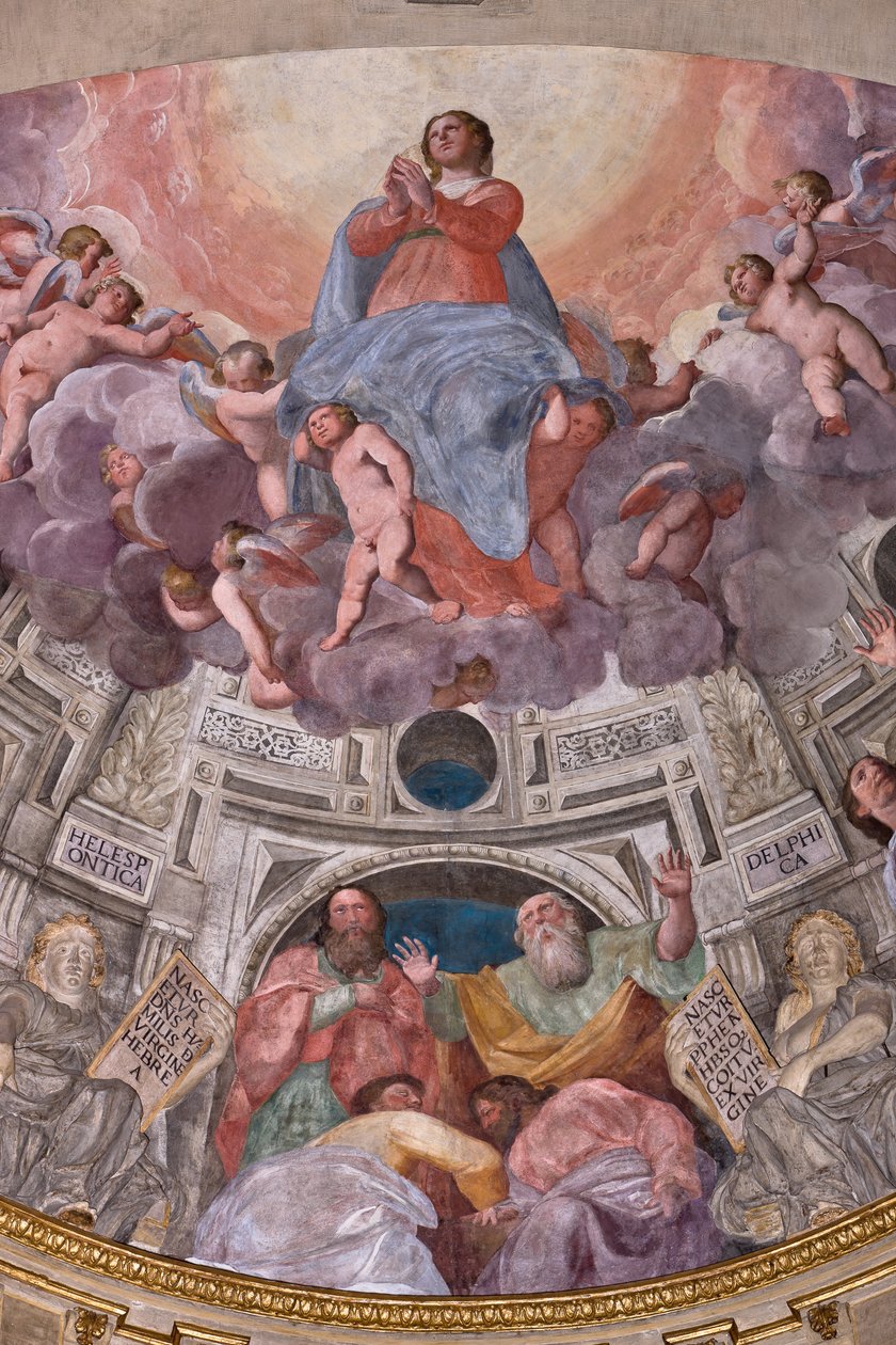热那亚，圣劳伦斯大教堂（Duomo），内部，莱尔卡里小教堂或圣体小教堂（北侧天顶），天顶："圣母升天"，乔瓦尼-巴蒂斯塔-卡斯特罗（Giovanni Battista Castello）的壁画，又名贝加马斯科（Bergamasco 作者 乔瓦尼·巴蒂斯塔·卡斯特罗
