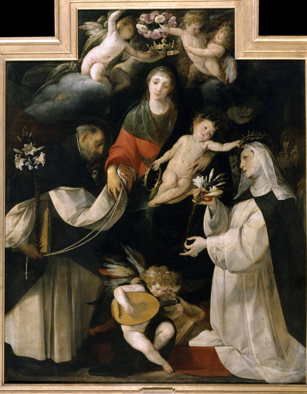玫瑰圣母（The Madonna del Rosario）。圣母头上戴着玫瑰花环，两位圣人将象征信仰的白百合、念珠和心递给她。乔瓦尼-巴蒂斯塔-克雷斯皮（Giovan (Giovanni) Battista Crespi）的画作，又称 "Il Cerano"（约 15 年）。 作者 乔瓦尼·巴蒂斯塔 (1567-1633) 克雷斯皮