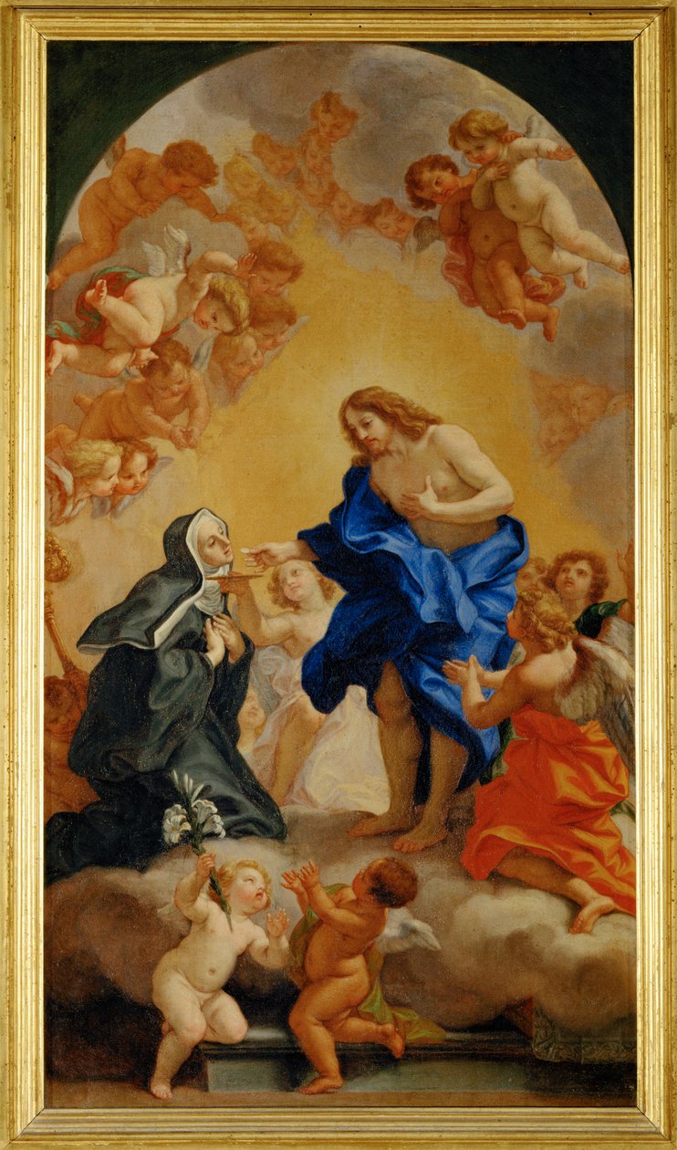 Une bienheureuse abesse recevant la communion des mains du Christ - 一位修女从基督手中接过圣餐 ... 作者 乔瓦尼·巴蒂斯塔 (1639-1709) 高利