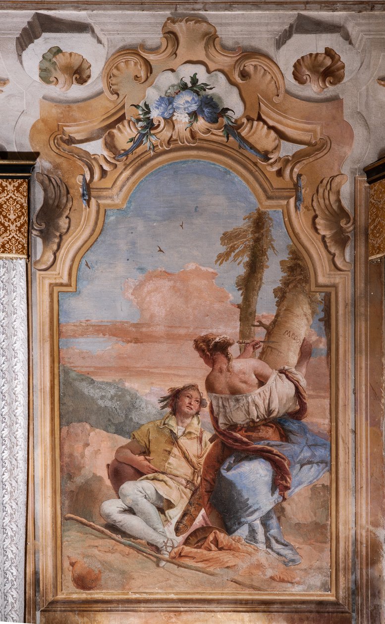 Palazzina（小楼）：阿里奥斯托的第二个房间或房间，壁画表现了《奥兰多-浮世绘》中的情节："当归和梅多罗在植物的树皮上刻下自己的名字 作者 乔凡尼·巴蒂斯塔·提埃波罗
