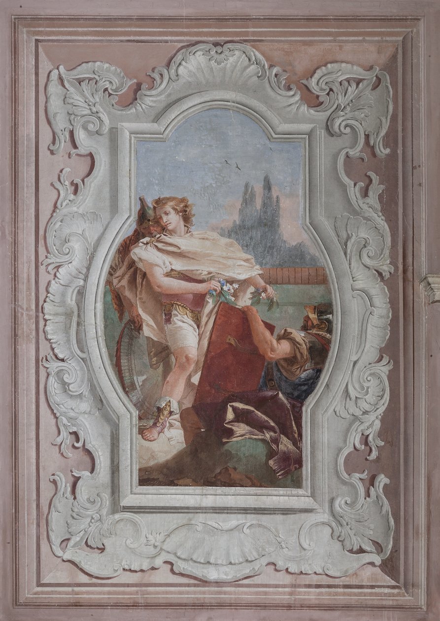 Palazzina（小建筑）：第四个房间或托奎托塔索的景观，壁画代表“耶路撒冷交付”的情节：“同伴们在里纳尔多面前举着镜子” 作者 乔凡尼·巴蒂斯塔·提埃波罗