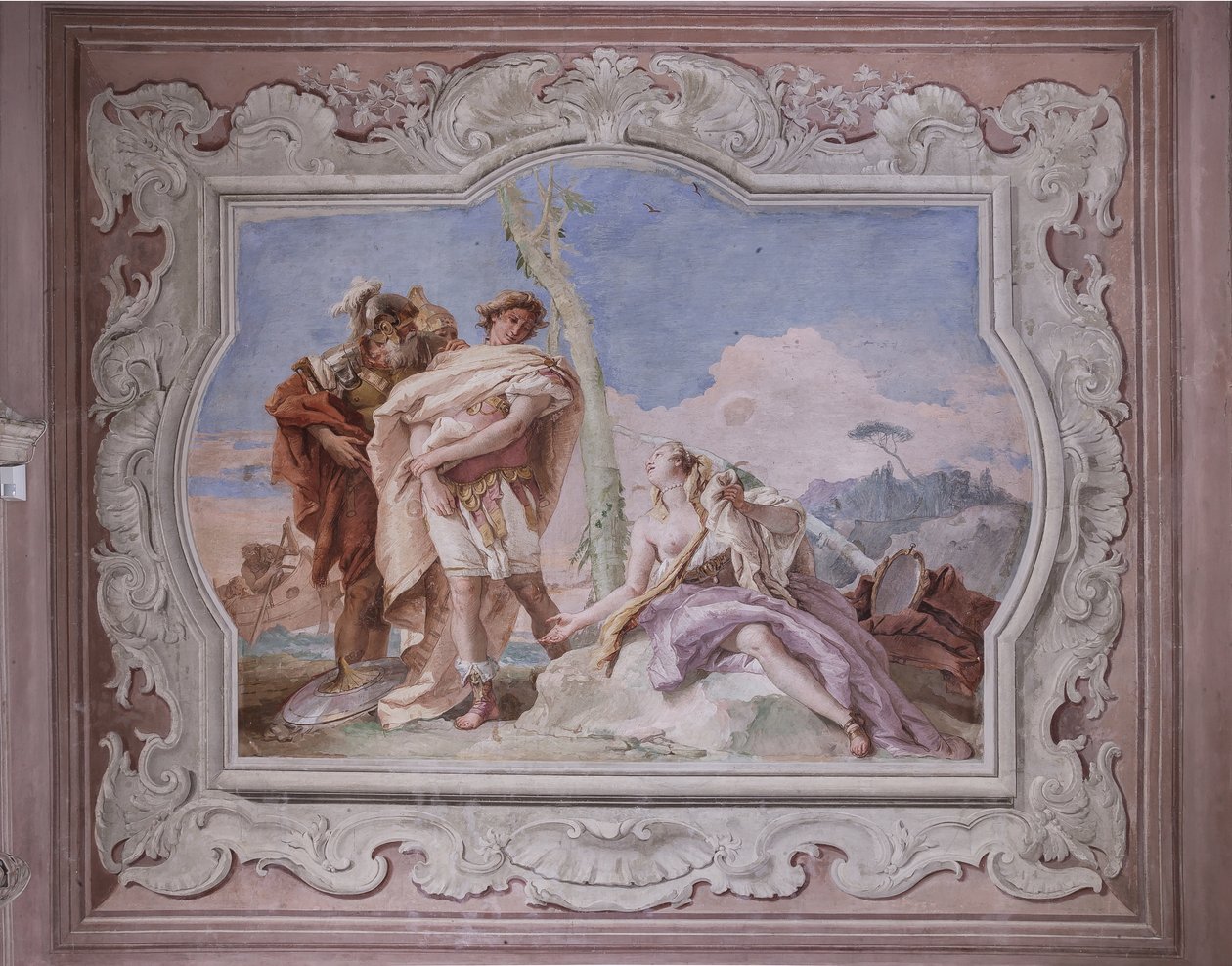 Palazzina（小楼）：第四个房间或托尔夸托-塔索的视角，自由壁画表现了 "耶路撒冷的解救 "中的情节："里纳尔多在乌巴尔多和卡罗的护送下抛弃了阿米达 作者 乔凡尼·巴蒂斯塔·提埃波罗