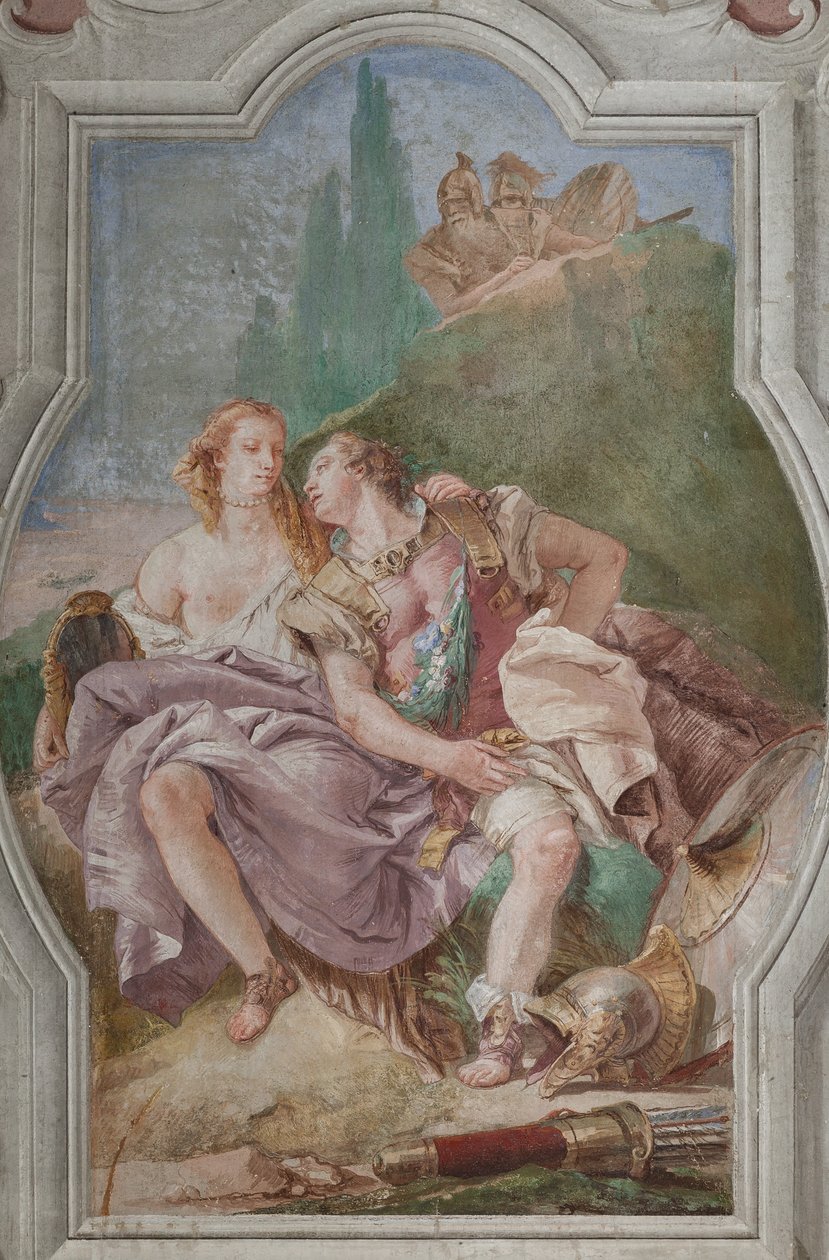 Palazzina（小楼）：第四个房间或托尔夸托-塔索（Torquato Tasso）的景观，自由壁画表现了 "耶路撒冷的解救 "中的情节："里纳尔多和阿尔米达在迷人的花园里，乌巴尔多和卡罗在暗中观察"。 作者 乔凡尼·巴蒂斯塔·提埃波罗