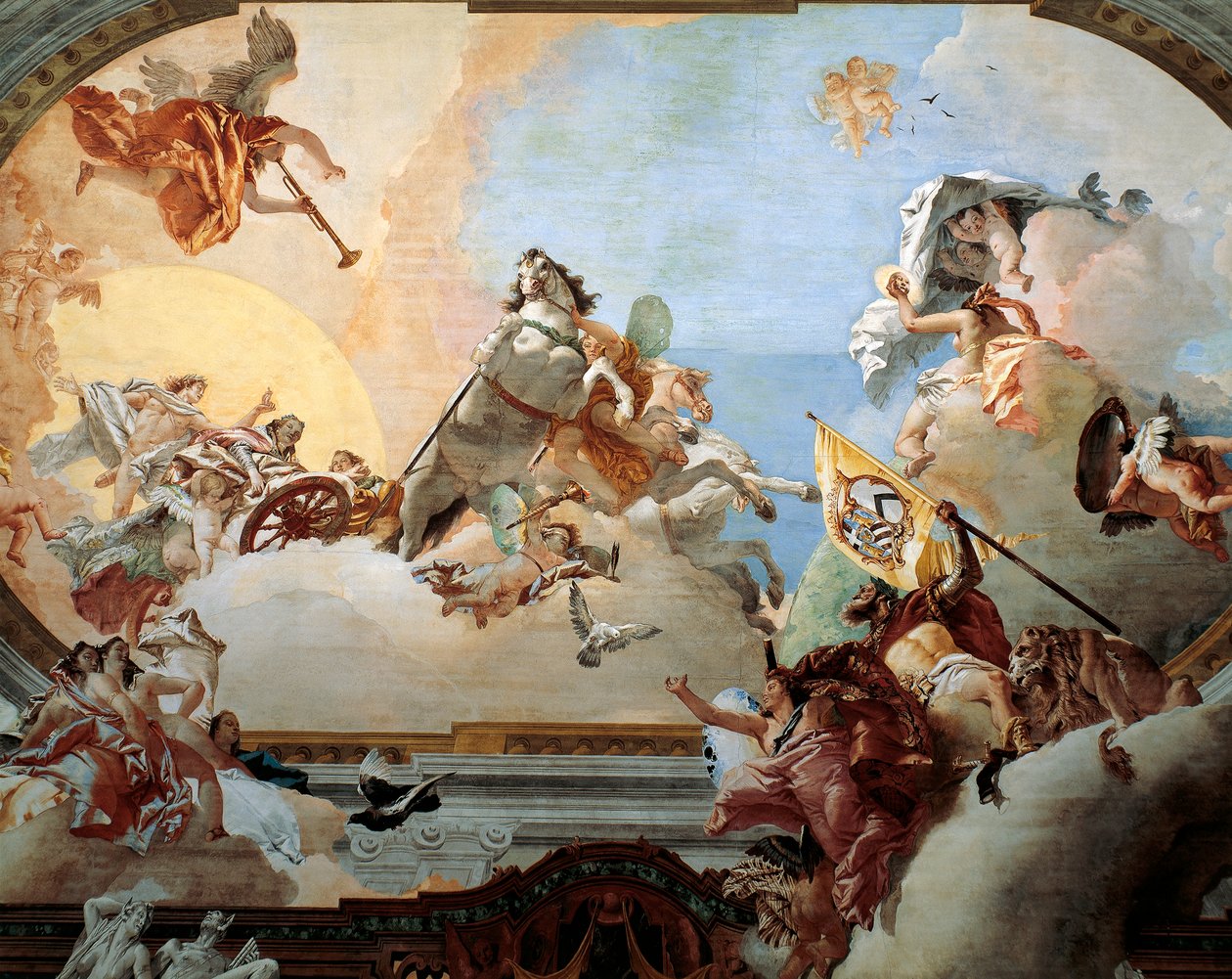 1758 年为 Lodovico Rezzonico 和高贵的威尼斯人 Faustina Savorgnan 的婚姻创作的寓言，由 Giambattista Tiepolo（1696-1770）创作，壁画，Ca