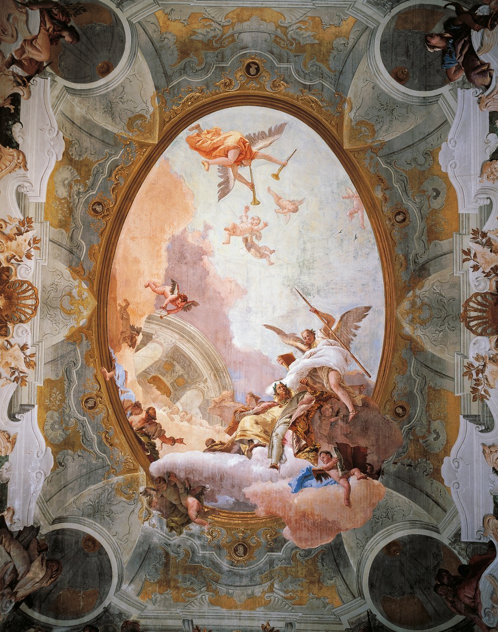 Giambattista Tiepolo（1696-1770）的功绩寓言伴随着贵族和美德。 王座室的天花板，Ca