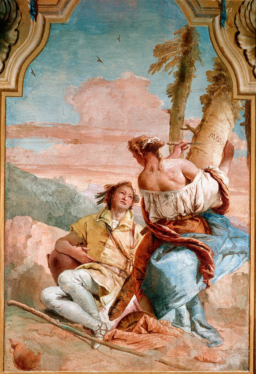 Angelique et Medor - 代表 Angelica (Angelica) 的 Ludovic Arioste (Ariosto) 为“The Furious Roland” (Orlando Furioso) 的插图，在树干上刻上了她刚刚加入的 Medor (Medoro) 的名字 - Fresco 詹巴蒂斯塔·铁波 作者 乔凡尼·巴蒂斯塔·提埃波罗