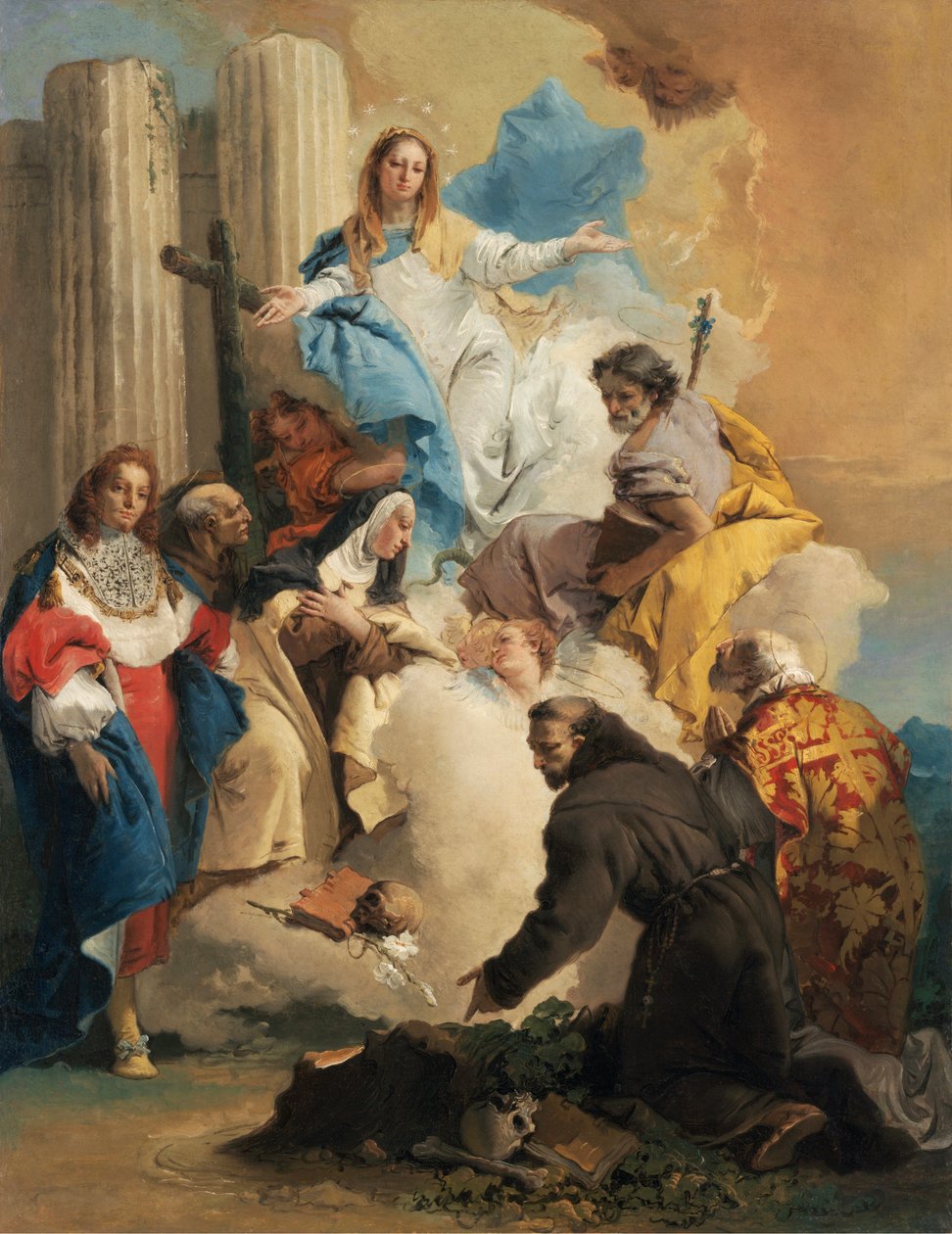 La Vierge avec six saints - 《有六个圣人的圣女》，由Tiepolo, Giambattista (1696-1770)创作。布面油画，约1750年。尺寸：72.8x56厘米。Szepmuveszeti Muzeum, 布达佩斯 作者 乔凡尼·巴蒂斯塔·提埃波罗
