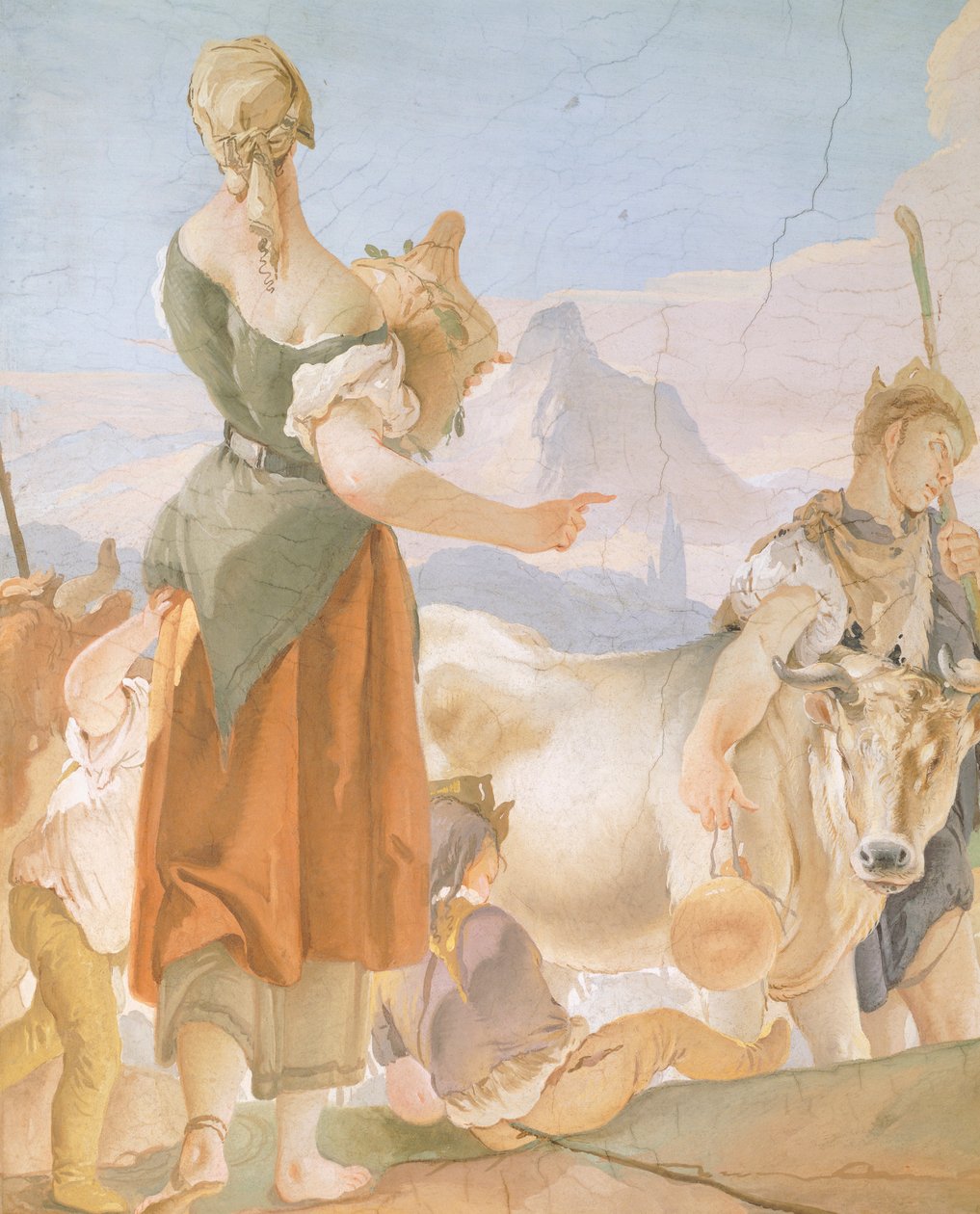 雷切尔隐藏的偶像，由 Giambattista Tiepolo (1696-1770)，壁画，细节，乌迪内大主教宫 作者 乔凡尼·巴蒂斯塔·提埃波罗