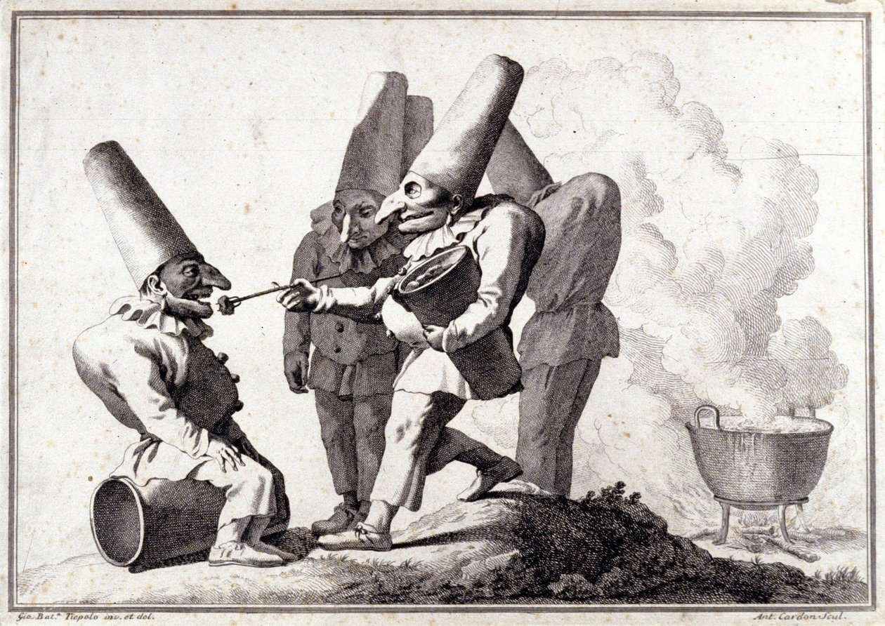 Pulcinella (意大利 Policinelle) 组。 乔瓦尼·巴蒂斯塔 (Giambattista) 提埃波罗 (1696-1770) 用钢笔在铅笔标记上绘画和洗涤。 作者 乔凡尼·巴蒂斯塔·提埃波罗